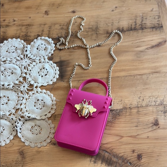Vibrant Pink Mini Bag with Gold Beetle clasp and Chain Strap - Picture 1 of 7